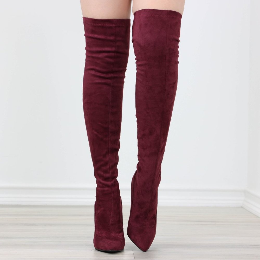 Wine Women's Thigh High Boots Faux Suede Pointed Toe Stilettos - Picture 3 of 15